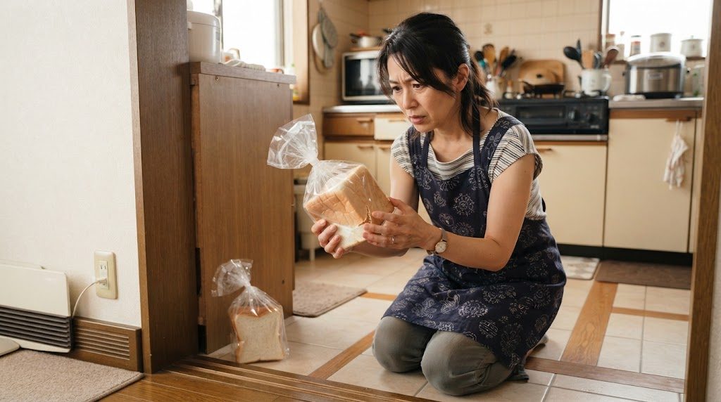 台所の床の隅で、角が小さく破れた食パンの袋を手に取って、心配そうに見つめる女性