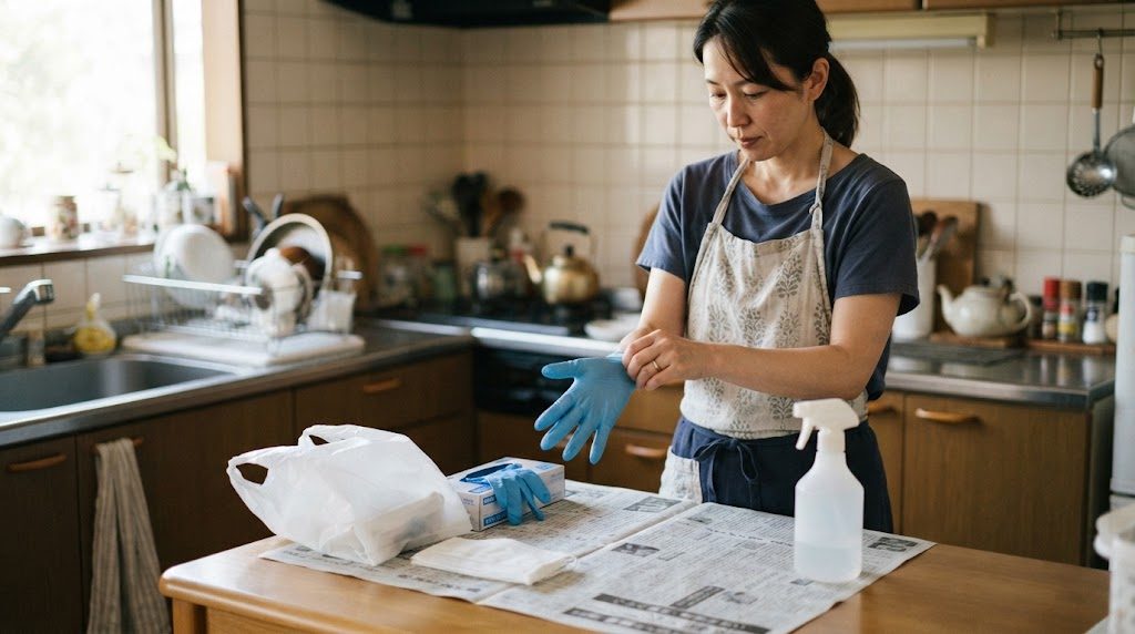 台所の作業台にゴム手袋の箱、ポリ袋、マスク、新聞紙、ラベルのないスプレーボトルを並べ、女性がゴム手袋をはめようとしている準備の様子