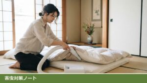 和室の畳の上に膝をついた女性が、敷き布団の間に布団乾燥機のホースの先を差しこんでいる様子