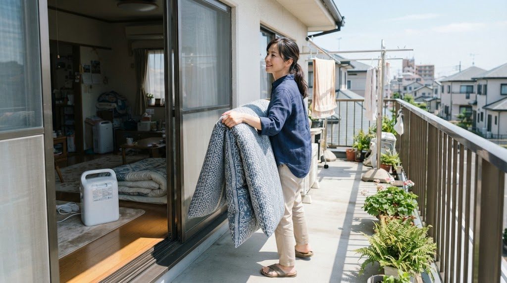 布団を抱えてベランダに出た女性。開いた窓の奥の部屋の床には布団乾燥機が置かれている
