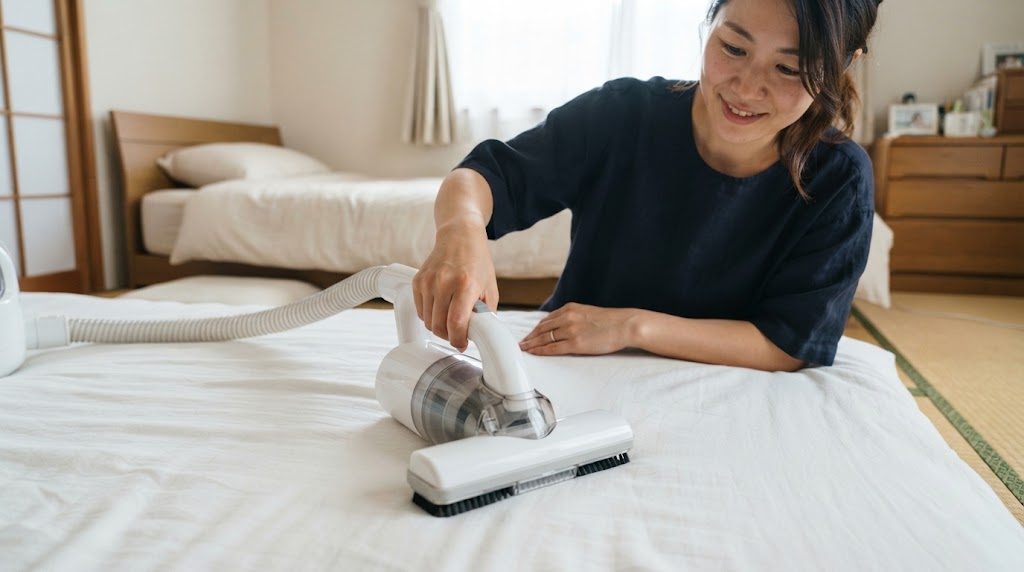 寝室の敷き布団の上で、布団用掃除機のヘッドをゆっくり滑らせて掃除する女性