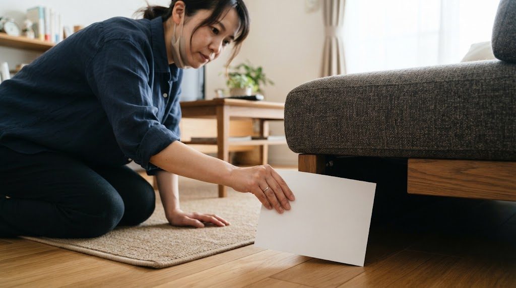 ソファの下の隙間に、四角く平らな白いシートを差しこむ女性。床に膝をついて低い位置から入れている
