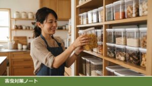 台所の食品庫の棚の前で、パスタを入れた透明の密閉容器を棚に戻す女性。棚には同じ形の密閉容器が並んでいる