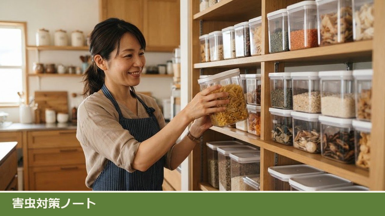 台所の食品庫の棚の前で、パスタを入れた透明の密閉容器を棚に戻す女性。棚には同じ形の密閉容器が並んでいる