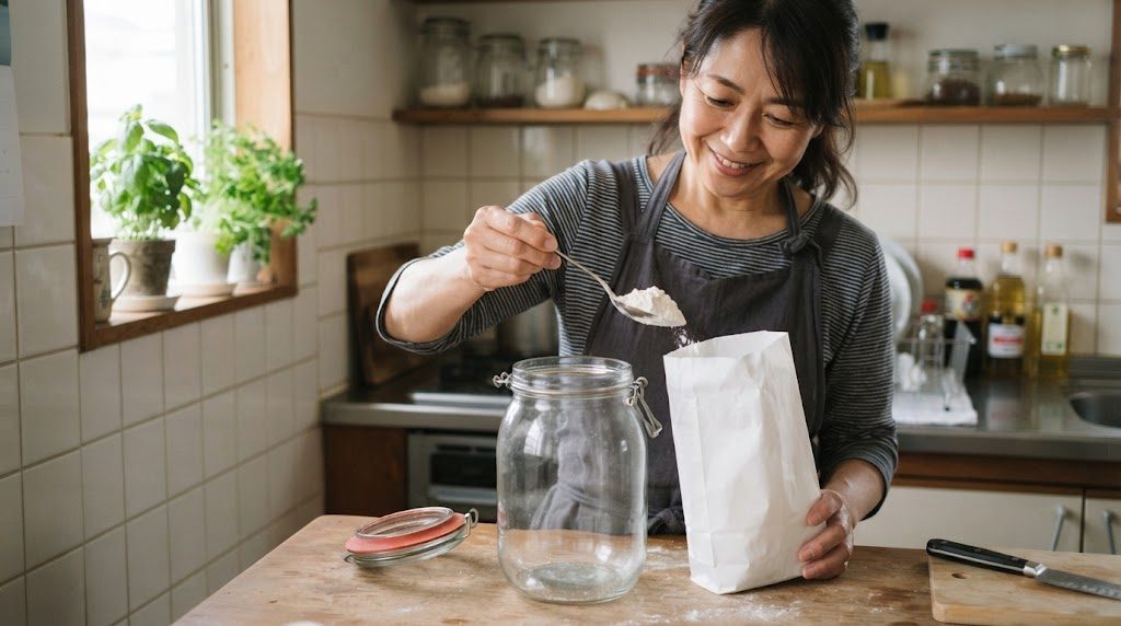 ふたを外したガラスの密閉容器に、小麦粉の袋からスプーンで移し替える女性の手元