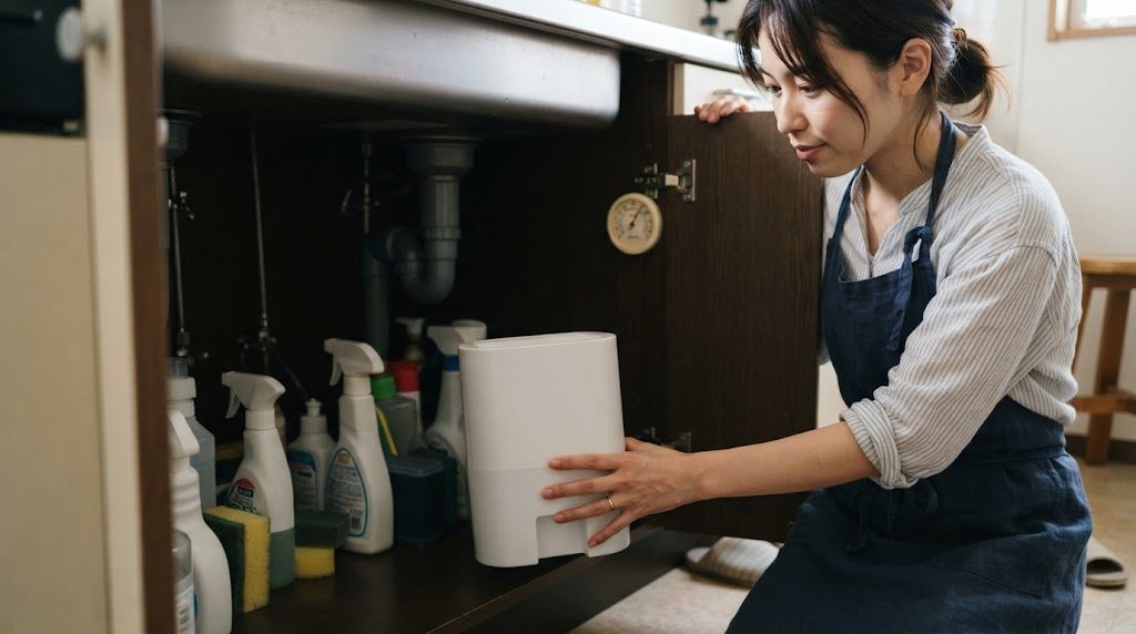 流しの下の収納の奥に、置き型のタンク型除湿剤を置く女性。扉の内側には丸い湿度計がかけてある