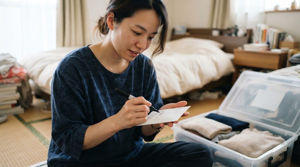 衣装ケースの横に座った女性が、小さな白い袋に油性ペンで日付を書き込んでいる様子