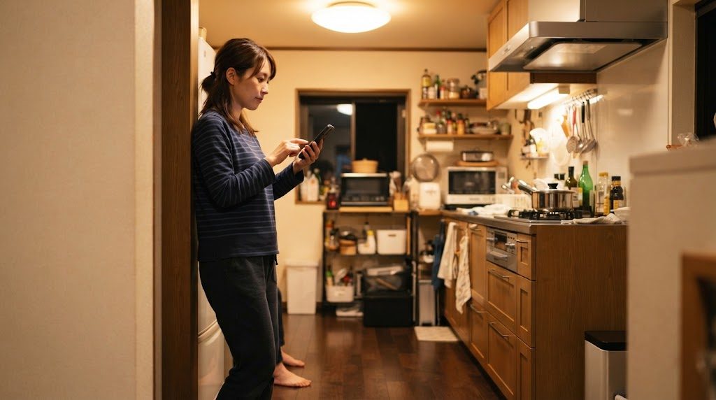 夜の台所の入口で、壁にもたれた女性がスマホを手に、見かけた場所をメモしている様子