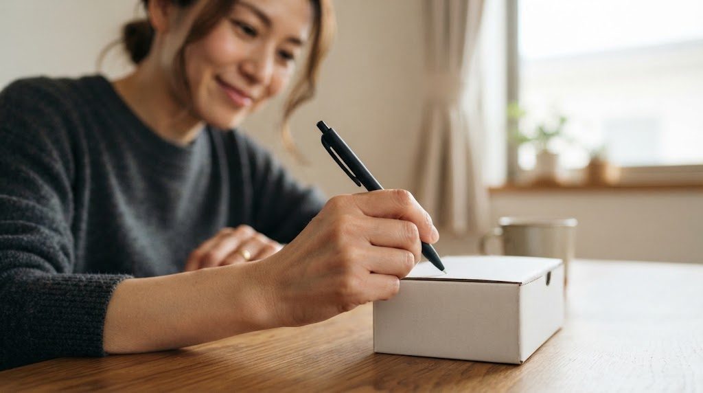 ダイニングテーブルで、微笑む女性が無地の白い小箱の側面にペンで日付を書き込もうとしている様子