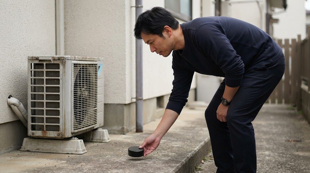 戸建ての外壁沿いで、男性が腰を折り、エアコンの室外機の横の地面に黒くて丸い小さな容器を置こうとしている様子