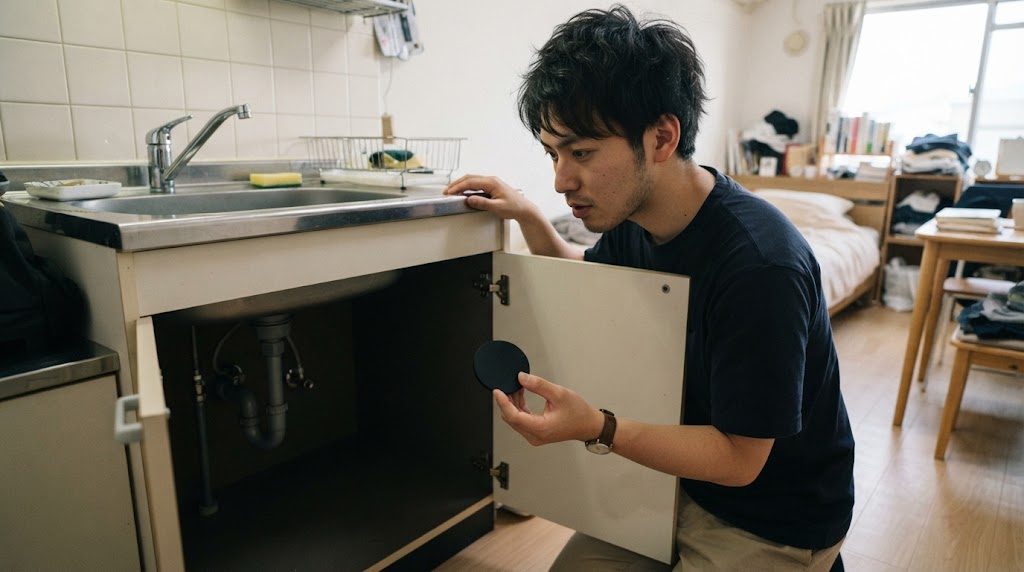 ワンルームの台所で、男性が流しの下の扉を開け、黒くて丸い小さな容器を手に持って空の収納の中をのぞきこんでいる様子