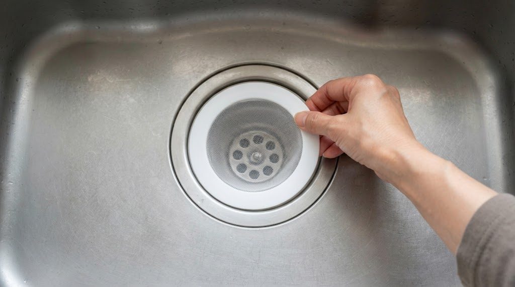 ステンレスの流しの排水口に、手で白い網目の排水口ネットをかぶせようとしている手元