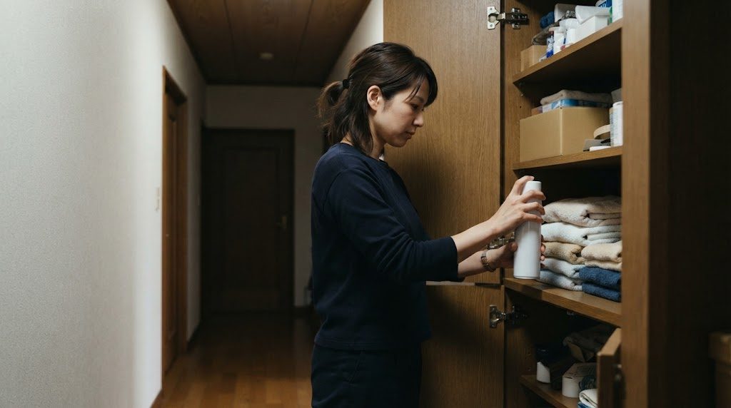 廊下の扉付き収納で、女性がタオルを重ねた棚に白い無地のスプレー缶を置いている様子