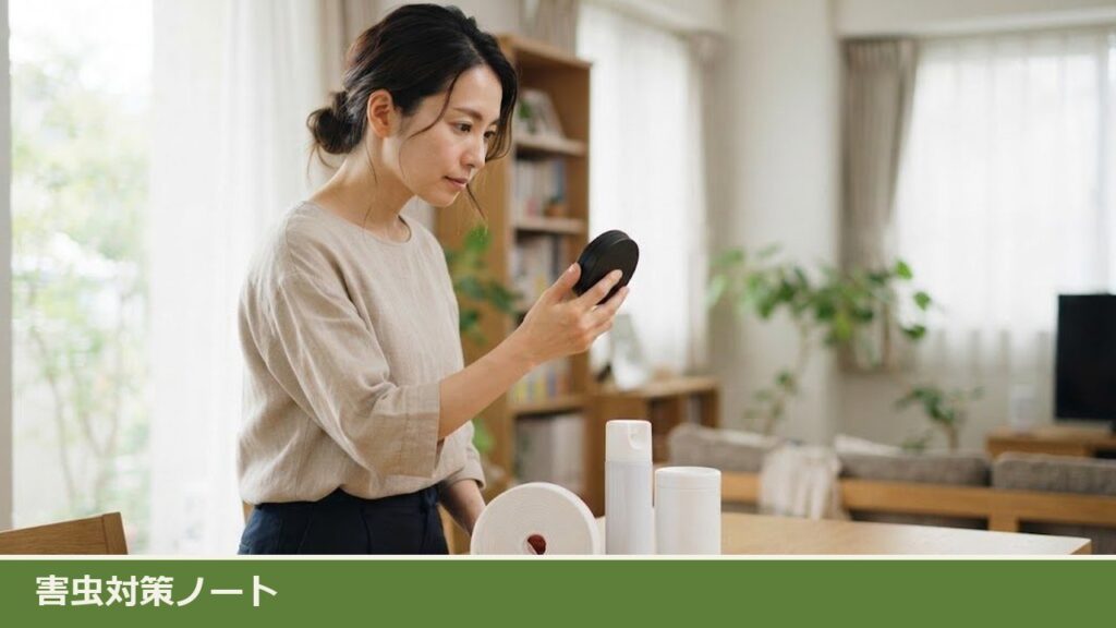 明るいリビングのテーブルの前で、女性が黒くて丸い平たい容器を手に取って見ている。テーブルには白い隙間テープのロールと白いスプレー缶、白い円筒形の容器が並んでいる様子