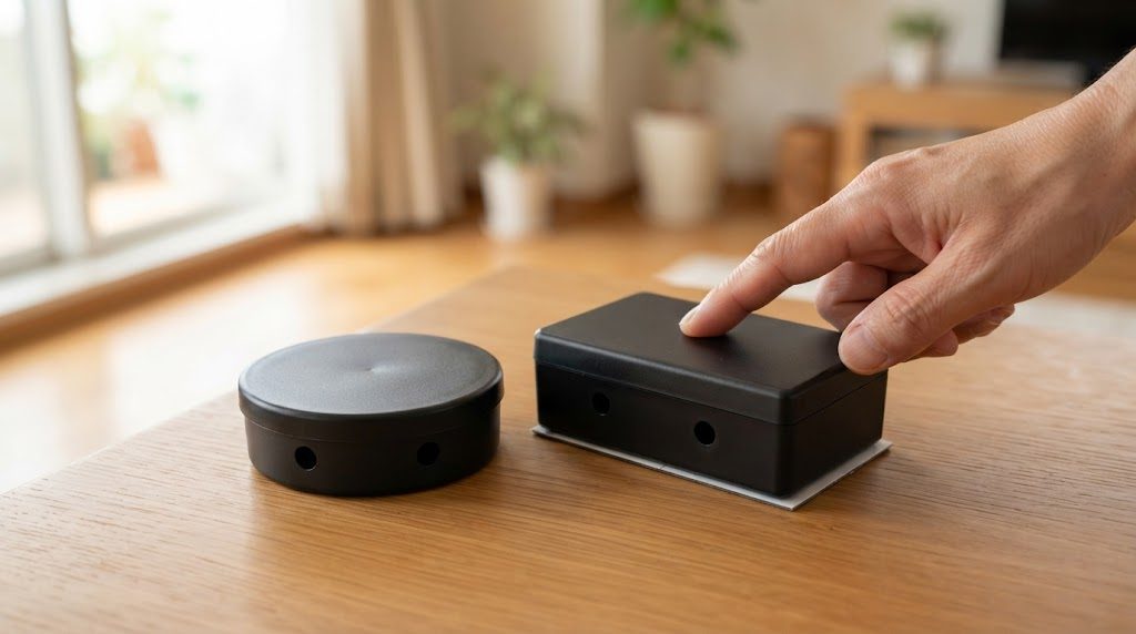 木のテーブルの上に、蓋が閉じた黒い円形の容器と黒い四角い箱型の容器が並び、側面の小さな出入り口の穴が見え、右側から手が箱型の容器に触れている様子