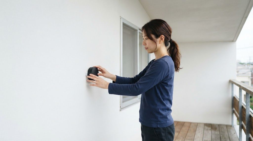 ベランダで、上階の床が張り出した天井の下の白い壁の腰の高さに、女性が黒い円形の容器を貼りつけている様子