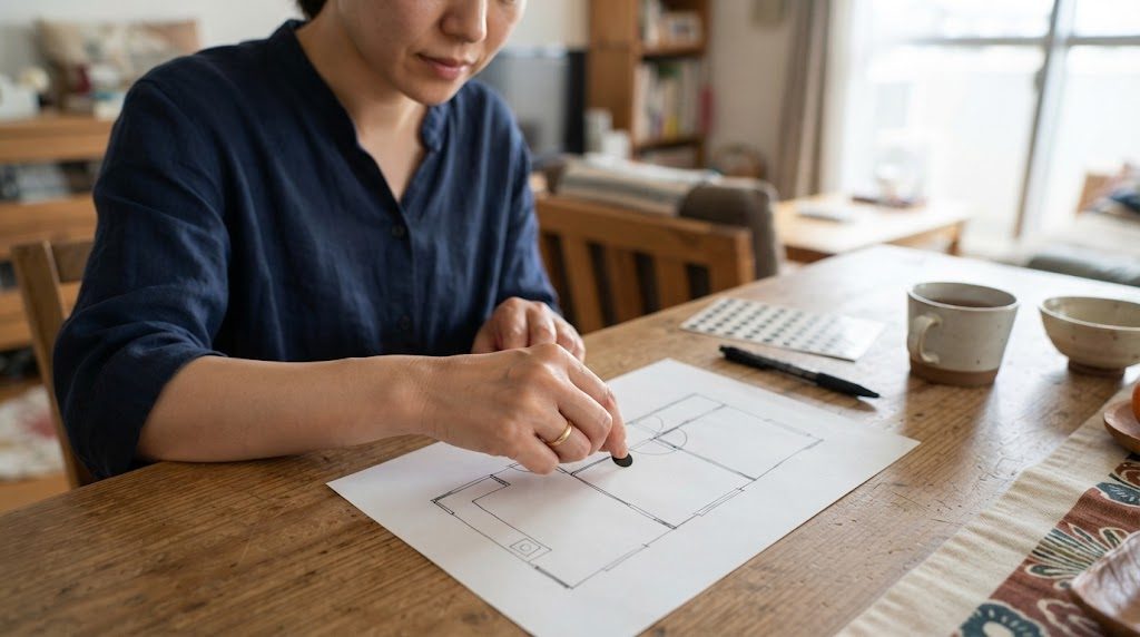 テーブルに広げた文字のない手描きの間取り図に、女性が黒い小さな丸いシールを貼ろうとしている様子