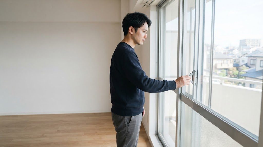 家具のない空室で、男性が窓の鍵をかけている様子