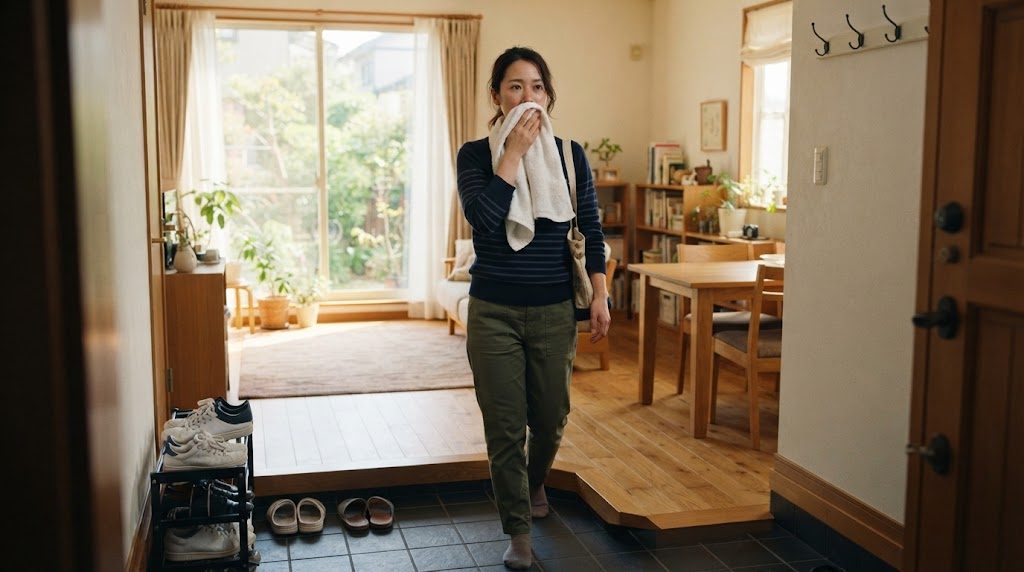 玄関から部屋へ入る女性が、口元をタオルで押さえている様子