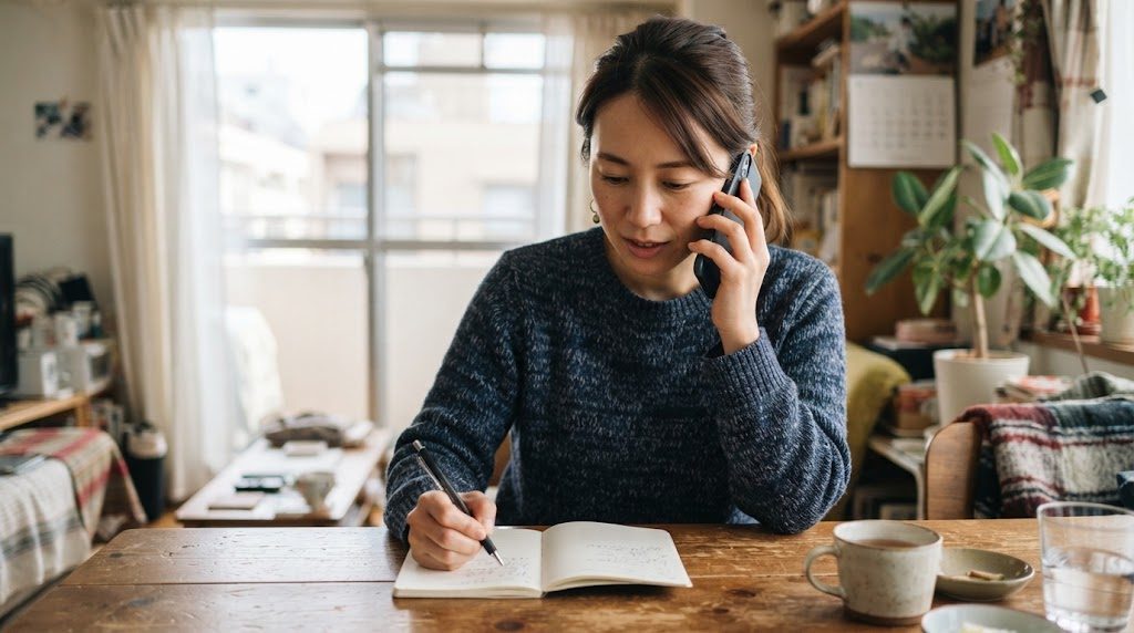 集合住宅の部屋のテーブルで、女性がスマホで電話をかけながら、ノートにメモをとっている様子