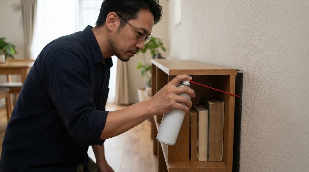 背の低い本棚と壁のあいだのすき間の入口に、男性が細いノズルを付けた白いスプレー缶を向けて構えている様子