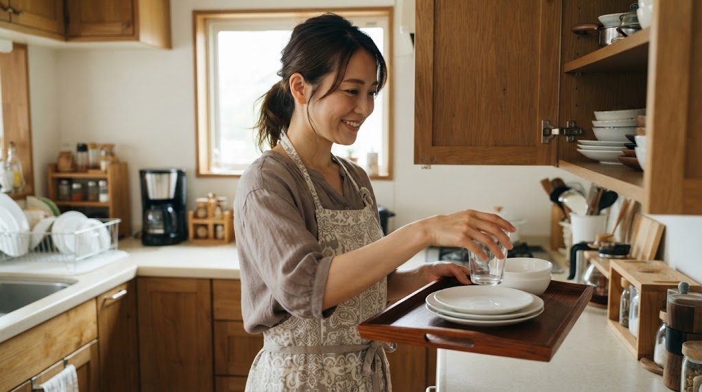 台所で、女性が食器とコップをトレイに載せて、戸棚のほうへ片づけようとしている様子