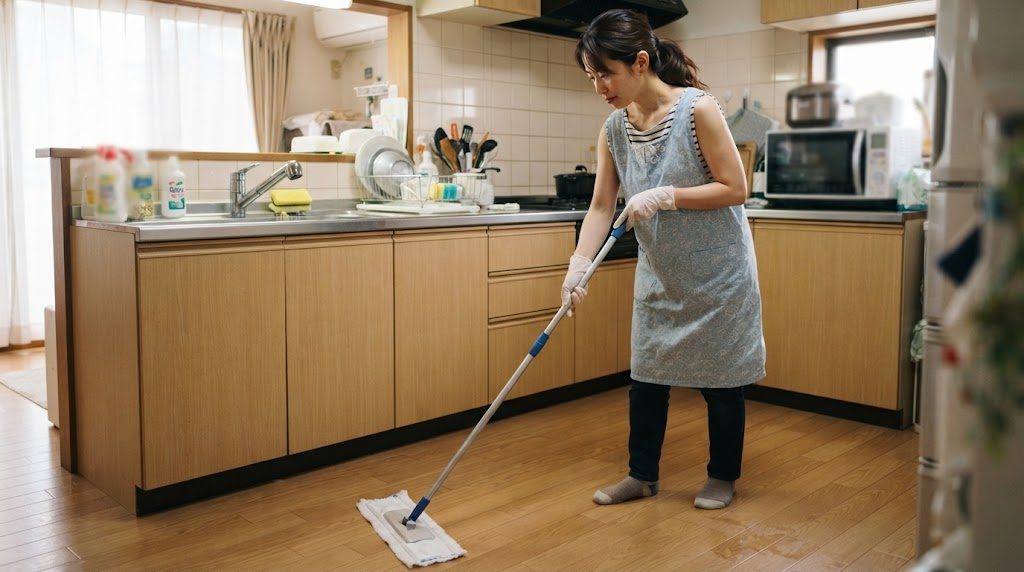 台所の床を、使い捨ての手袋をした女性がフロアワイパーで拭いている様子