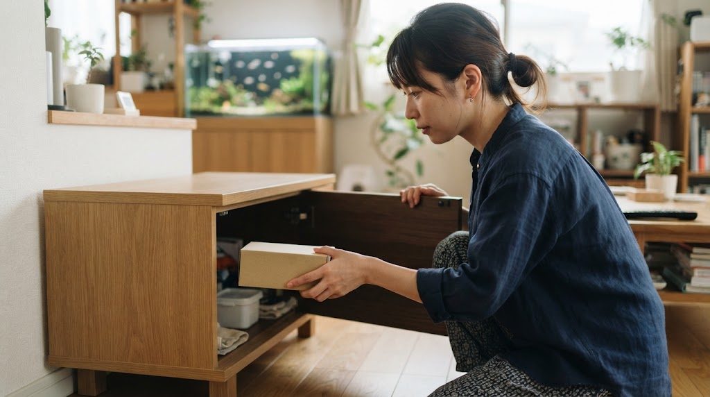 リビングの扉付きの低い収納に、女性が薄い箱型の捕獲器を奥へ置こうとしている様子。奥に水槽が小さく見える