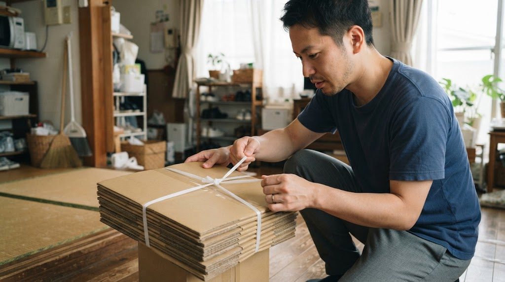 室内で、男性がたたんだ段ボールの束をひもで十字に縛っている様子