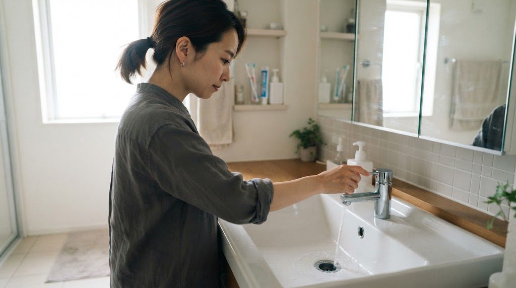 洗面所で、女性が蛇口から水を出して、洗面台の排水口に水を流している様子