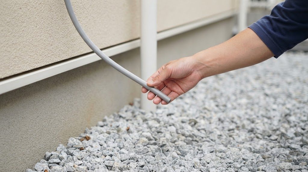 屋外の砂利の上で、手がエアコンのドレンホースの先を持ち上げ、砂利から離している様子