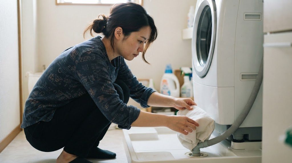 洗濯機の防水パンの前で、女性が排水ホースと排水口の境目に白い布状のカバーを巻きつけようとしている様子