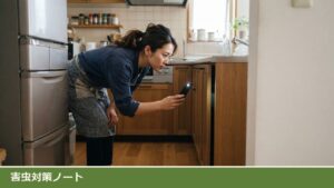 昼の台所で、女性が前かがみになり、木の収納の扉のすき間にスマホのライトを当ててのぞきこんでいる様子