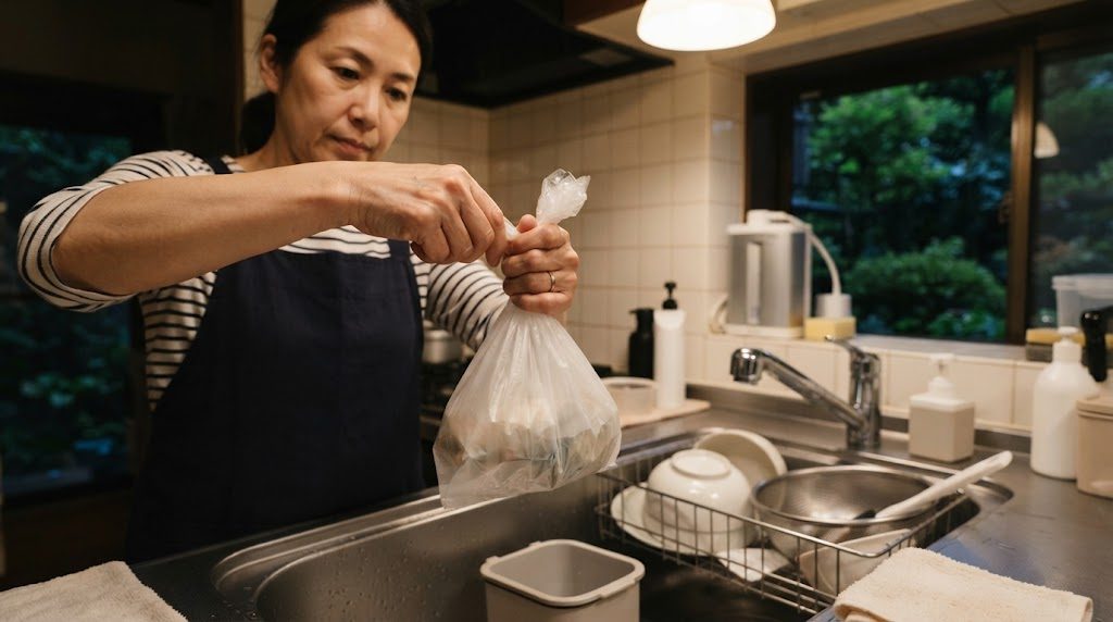 夜の台所で、女性がシンクの前に立ち、半透明の小さなポリ袋の口を両手でねじって縛ろうとしている様子
