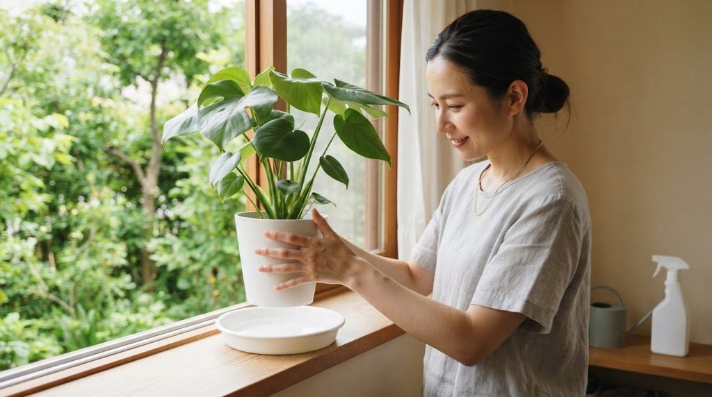 窓辺で、女性が観葉植物の白い鉢を持ち上げ、下の白い受け皿をのぞきこんでいる様子