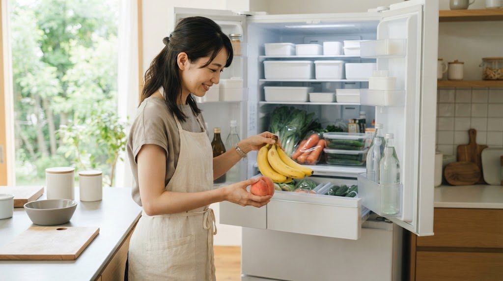 台所で、女性が扉を開けた冷蔵庫の前で、バナナの房と桃を手に持ち、野菜室に入れようとしている様子