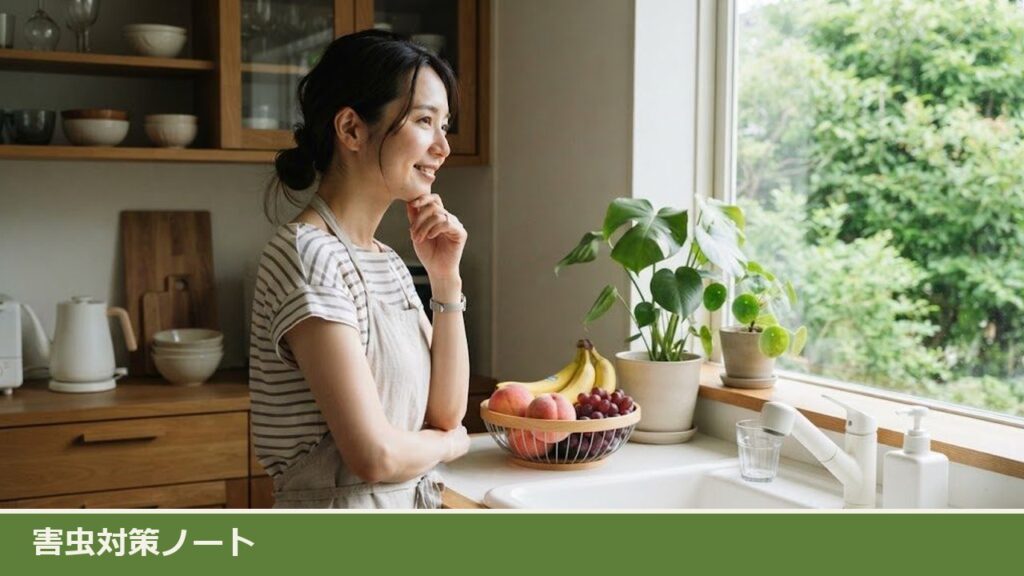 明るい台所で、女性が窓辺のシンク横に置いた果物かごと観葉植物の鉢を見ながら、片手をあごに当てて考えている様子