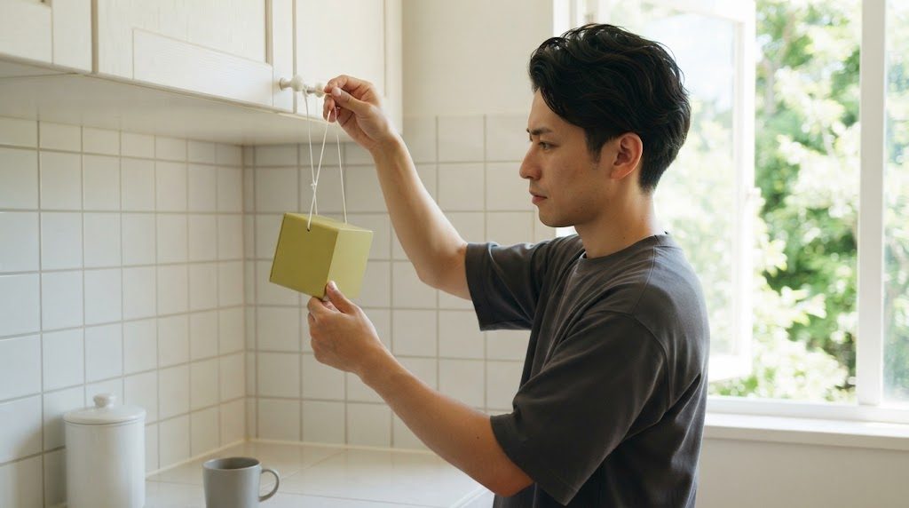 台所の吊り戸棚の取っ手にひもを結び、黄緑色の小さな箱型の器具を男性が吊るしている様子