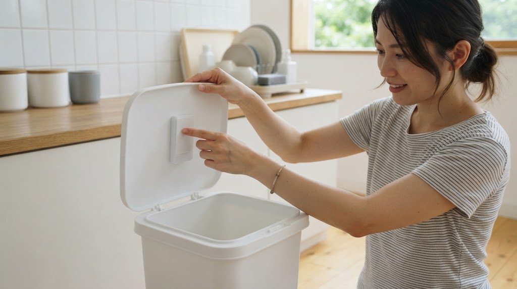 台所の白いふた付きごみ箱のふたを開け、ふたの裏に小さな白い板状の器具を女性が貼りつけている様子
