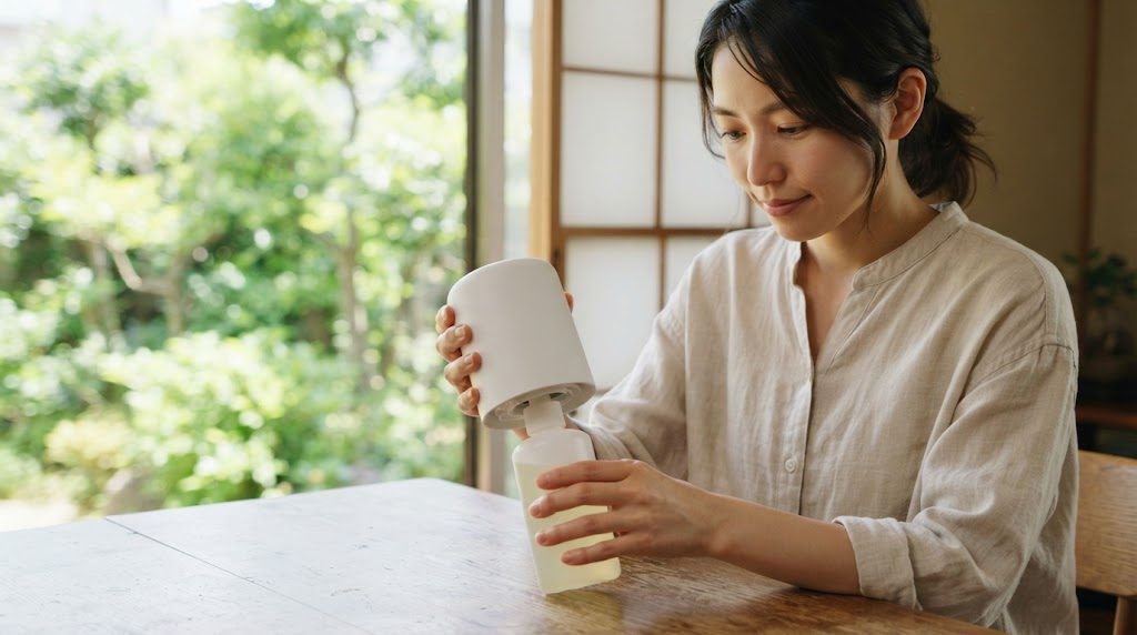 木のテーブルの上で、女性が白い電気式の器具を両手で持ち、底に液体ボトルを差しこもうとしている様子