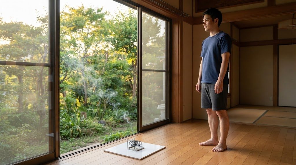 夏の夕方、窓ぎわの床の白いタイル板に置かれた線香皿で火のついた渦巻の蚊取り線香が細い煙を窓の外へ流し、男性が皿から離れた位置で手を下ろして立っている様子
