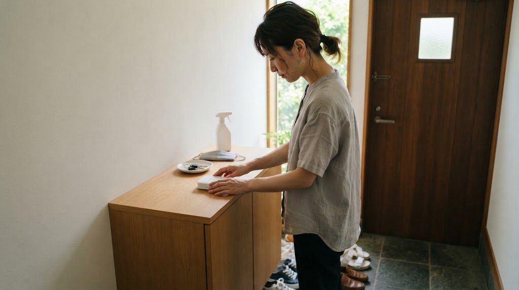玄関の靴箱の上に、女性が小さな白い器具を置いている様子。ドアは閉まり、靴箱の上には小皿と掃除用のスプレーボトルもある