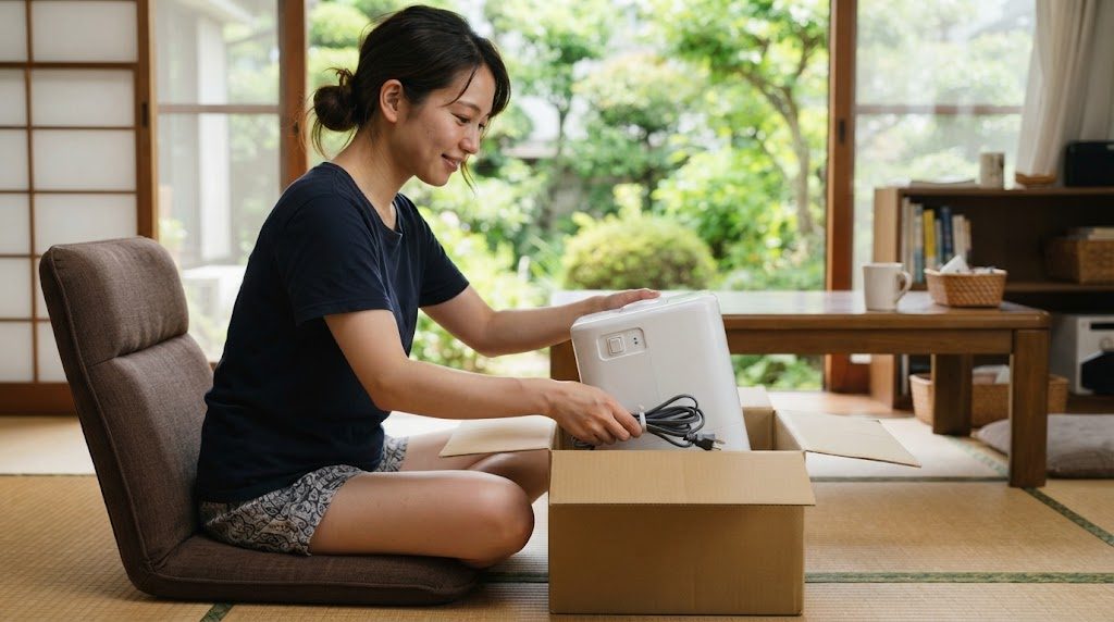 畳の部屋で、座椅子に座った女性が、白い電気式の器具を段ボール箱にしまい、束ねたコードを添えている様子