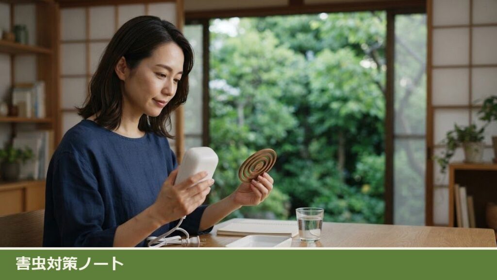 和室のテーブルで、女性が白い電気式の器具と、火のついていない渦巻の蚊取り線香を両手に持って見比べている様子。窓の外は夏の緑の庭