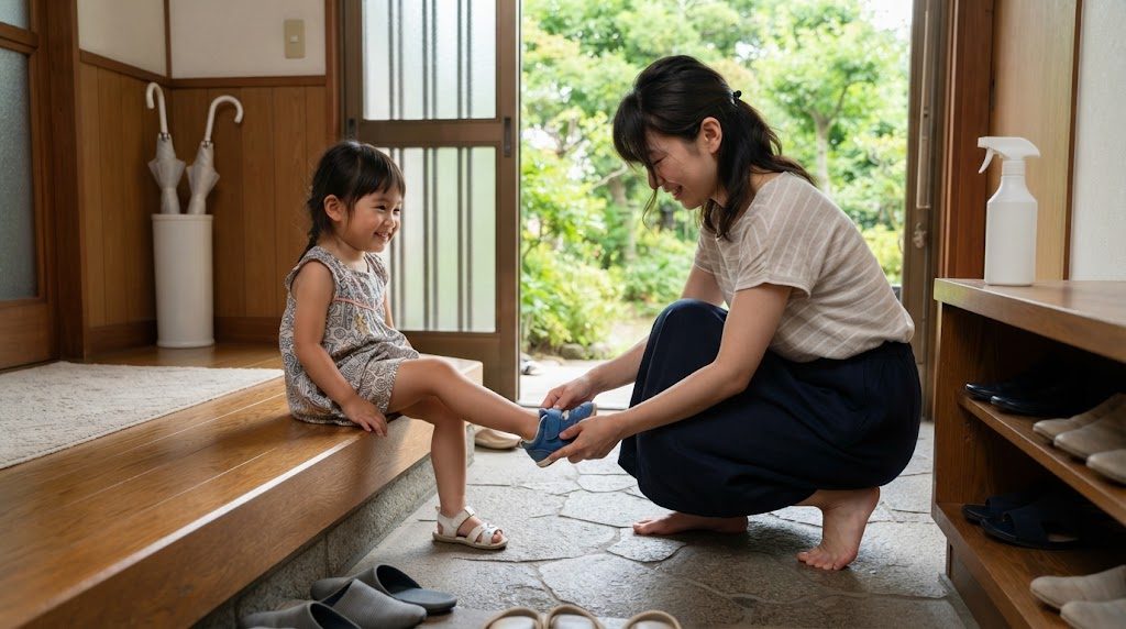 玄関で、母親が上がり框に座った小さな子どもの足に靴をはかせている様子。靴箱の上には白いスプレーボトルが置いてある