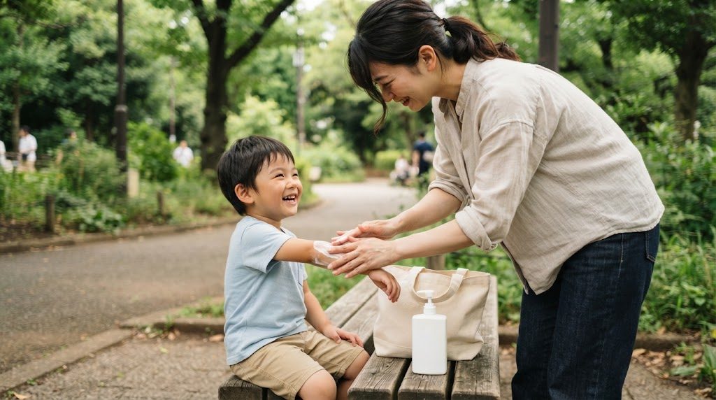 夏の公園で、母親がベンチに座った男の子の腕に、両手のひらで液を塗りのばしている様子。ベンチの上にはかばんと白いボトルが置いてある