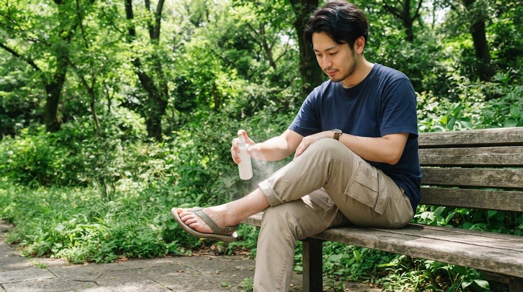 公園のベンチに座った男性が、右足を左ひざに乗せ、足首の肌に白いボトルからミストを吹きかけている様子