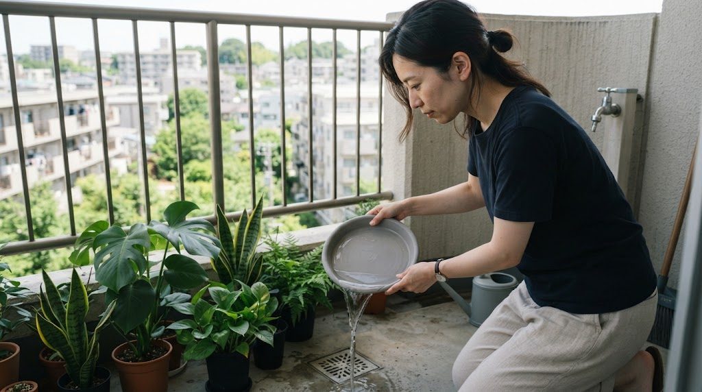 集合住宅のベランダで、女性が植木鉢の灰色の受け皿を持ち上げ、たまった水を排水口のそばに捨てている様子