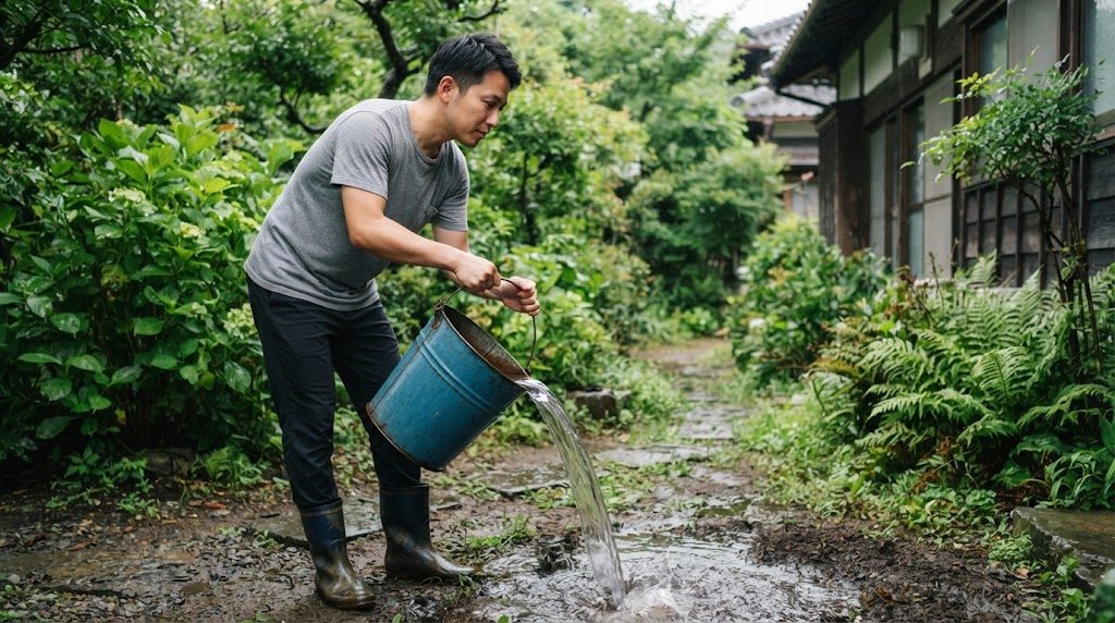 雨上がりの庭で、長靴をはいた男性が青いバケツを傾け、たまった水を地面に捨てている様子
