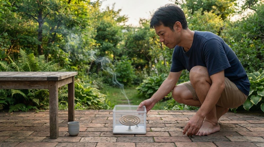 庭のテーブルのそばのレンガ敷きの地面に、男性が渦巻の蚊取り線香を入れた白い金網の容器を置いている様子。煙は細く、周りに枯れ葉や燃えやすい物はない